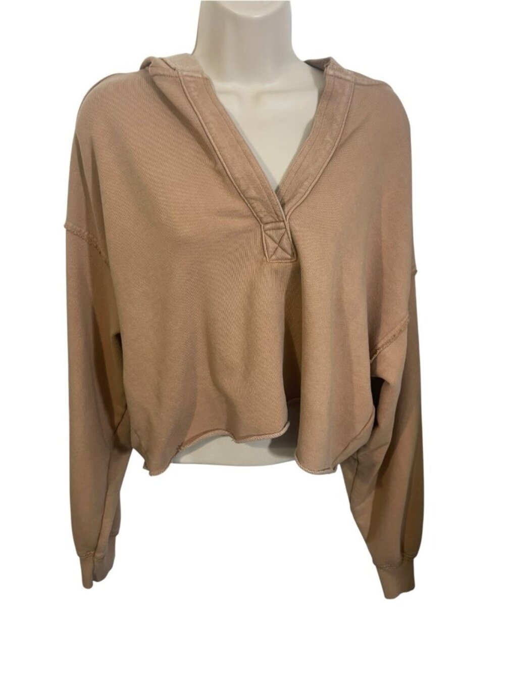AERIE Women's Size Medium Cropped Hoodie Split V-Neck French Terry Beige Tan